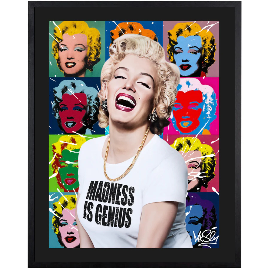 Right-side angle of the Marilyn Monroe "Madness is Genius" lenticular by Mr. Sly, illustrating the 3D-style image transition. Interactive urban pop art perfectly suited for modern interiors in Eton, Holyport, and Maidenhead via Creed Gallery.