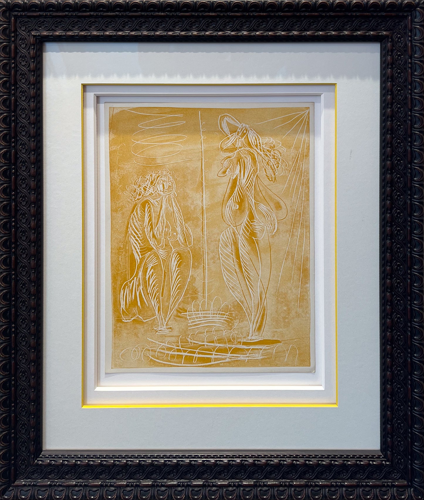 Pablo Picasso La Chevre-Feuille Suite 1943 six yellow zincographs Lafuma wove, Surrealist figures, Creed Gallery Ascot, Berkshire.