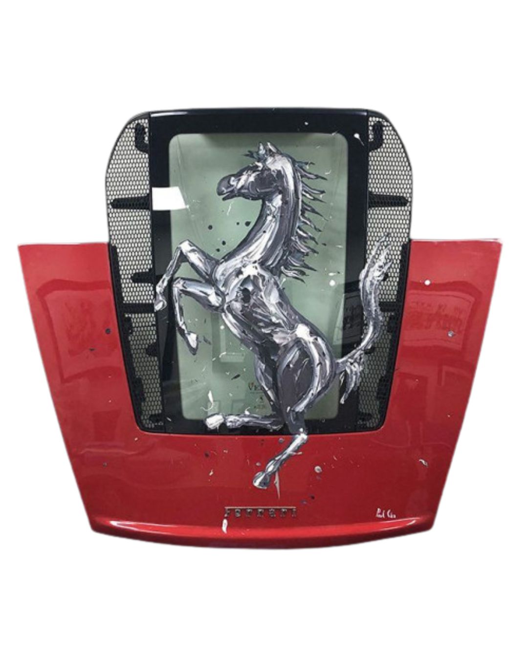 Ferrari 360 Spider engine cover sculpture hand-painted by Paul Oz in heavy impasto oils, bespoke framed for luxury collectors in Wentworth, Virginia Water, and Windsor.