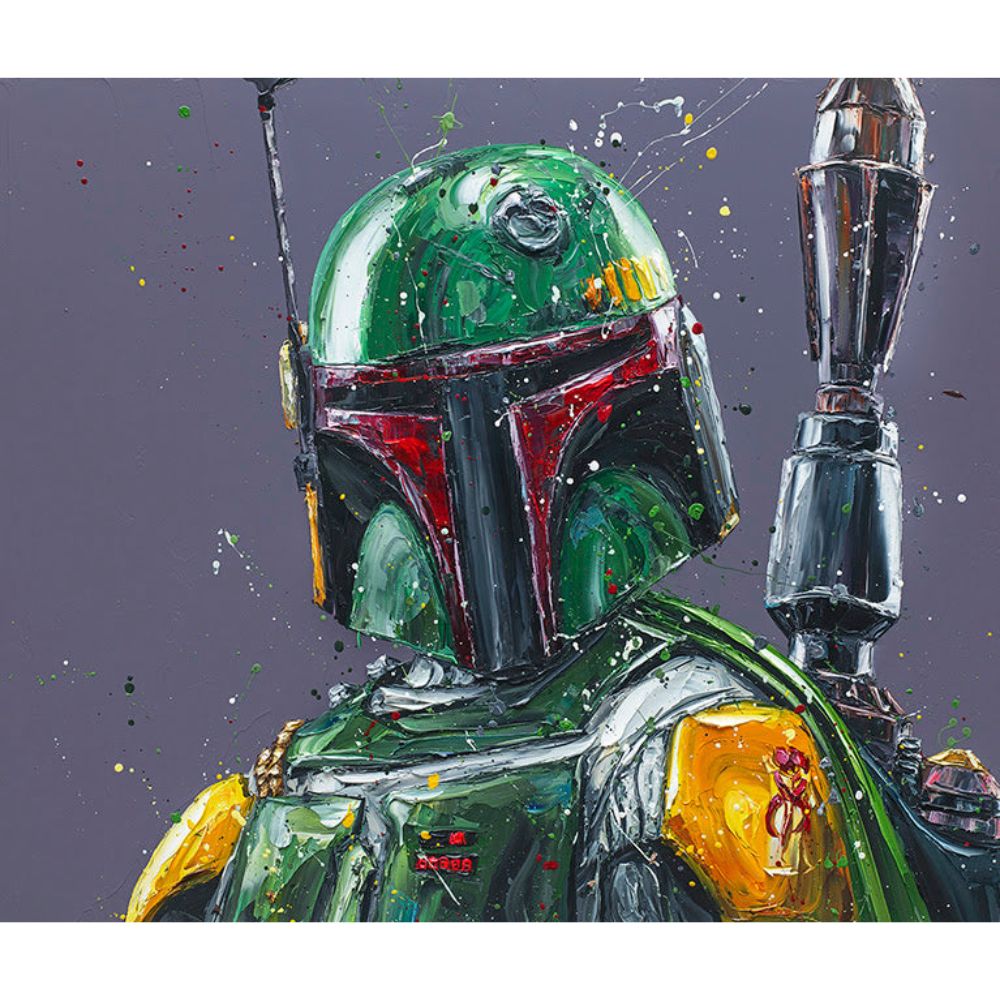 detail of 'He's No Good to Me Dead' by Paul Oz, showcasing the extreme 3D impasto oil texture and energetic paint splatters on Boba Fett’s weathered Mandalorian helmet, capturing the gritty essence of the Star Wars bounty hunter for collectors in Windsor and Ascot.