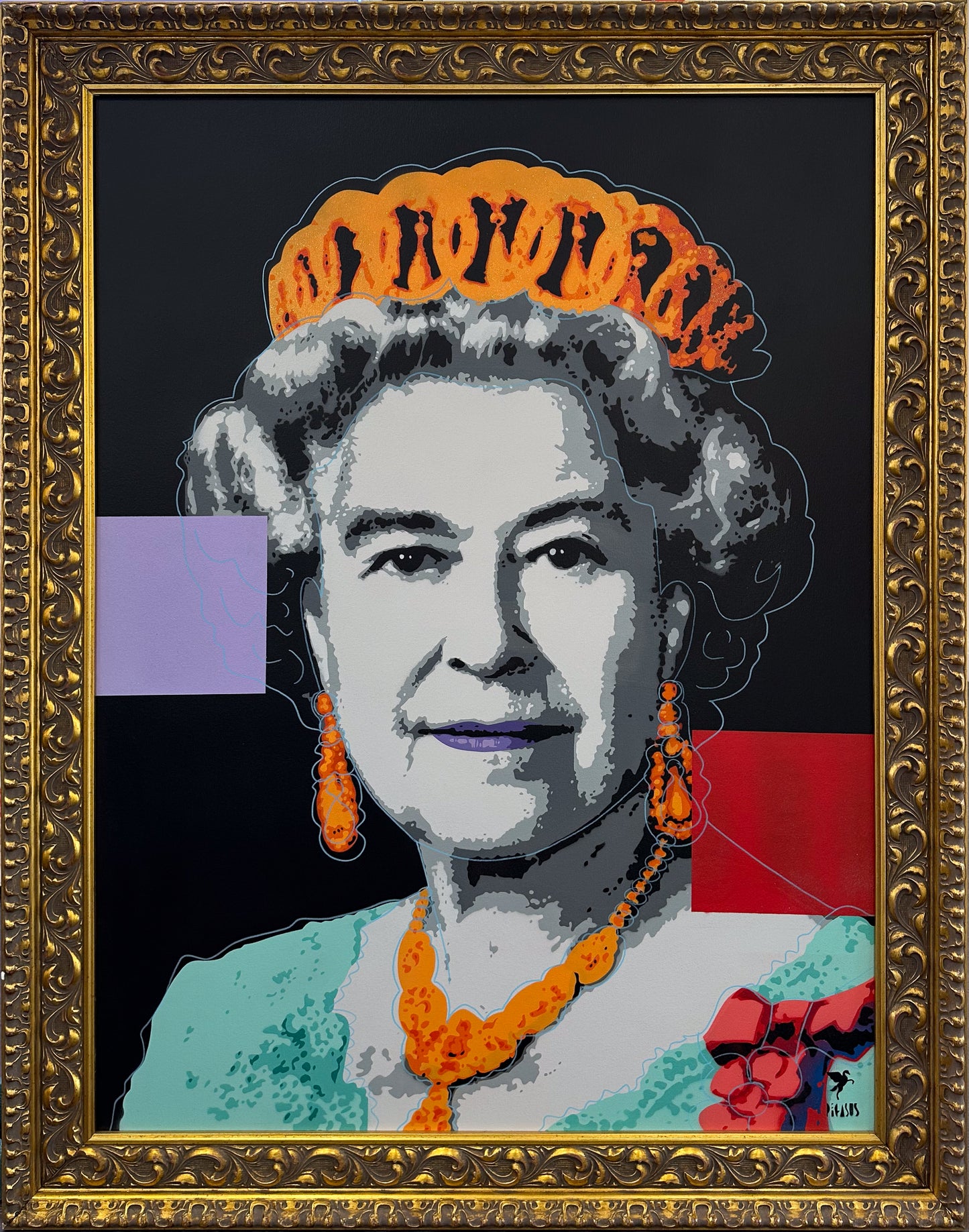 Pegasus street art portrait of Queen Elizabeth II in green, limited edition pop art available at Creed Gallery, serving Ascot, Windsor, and Berkshire.