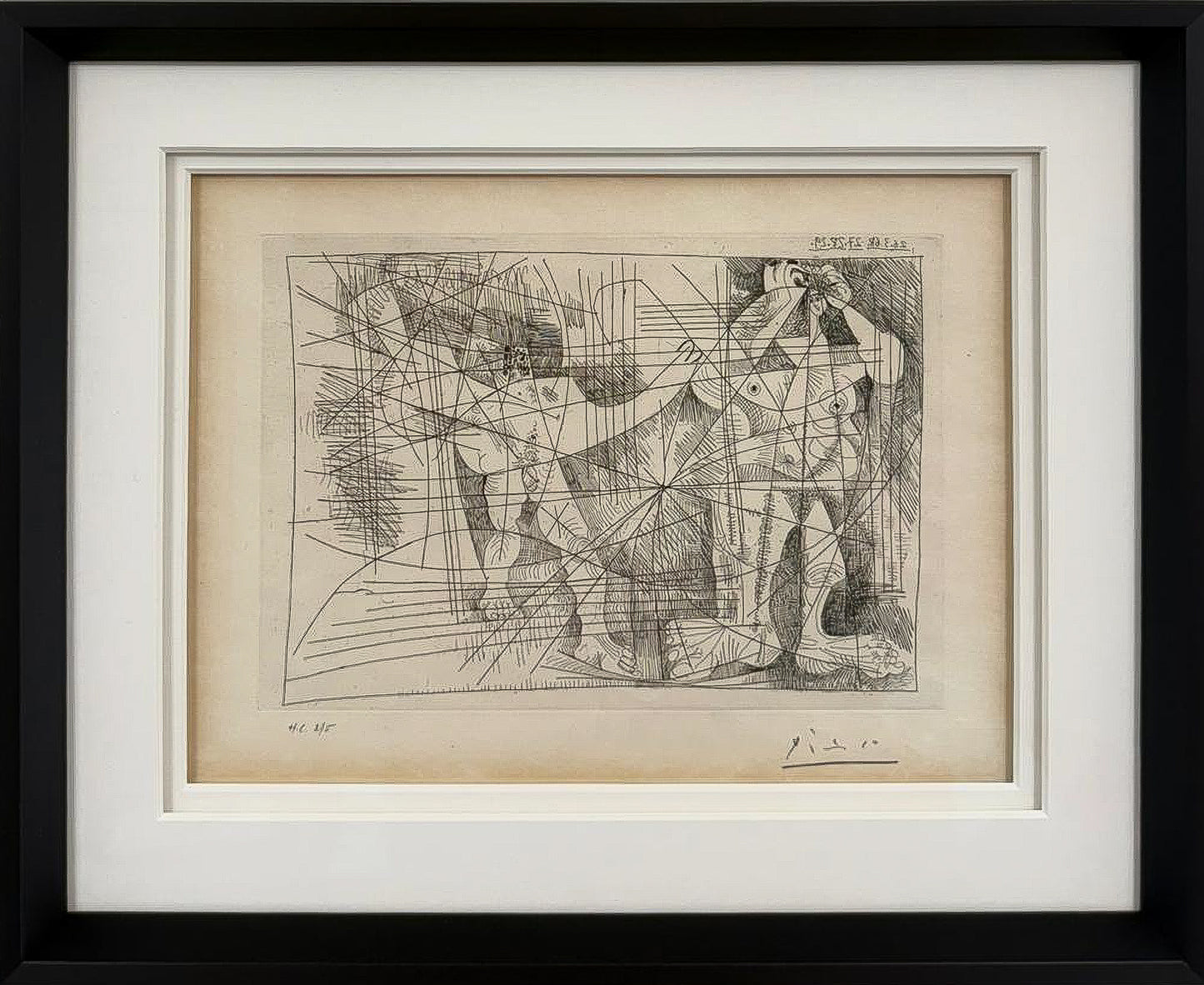 Picasso's etching Couple, from La Magie Quotidienne: two intertwined figures rendered in dense crosshatched line
