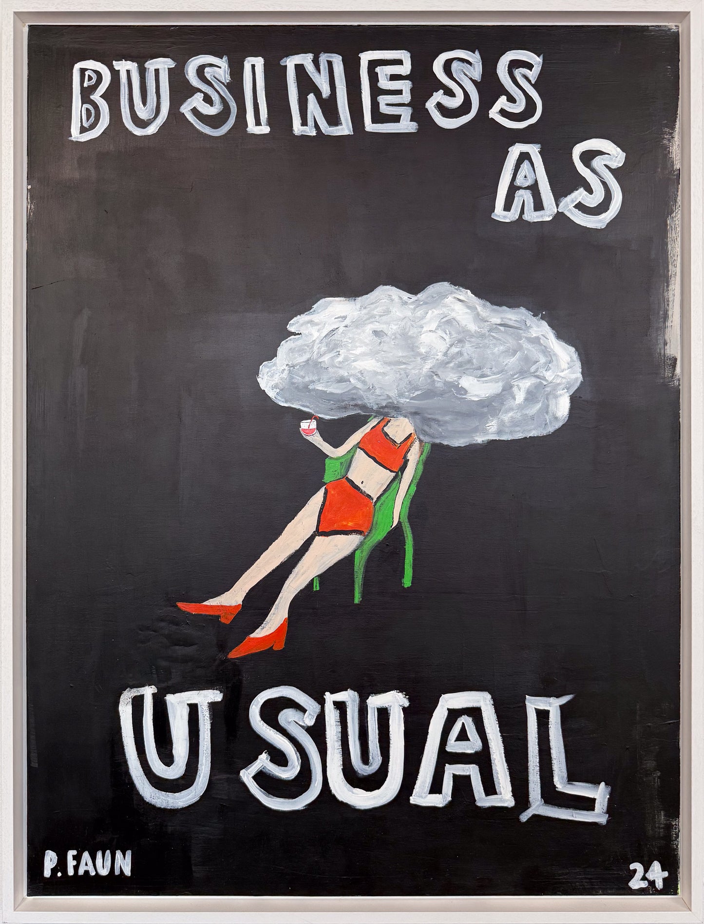 Poppy Faun 'Business As Usual' unique original acrylic and collage on canvas in a white contemporary frame, at Creed Gallery Ascot.