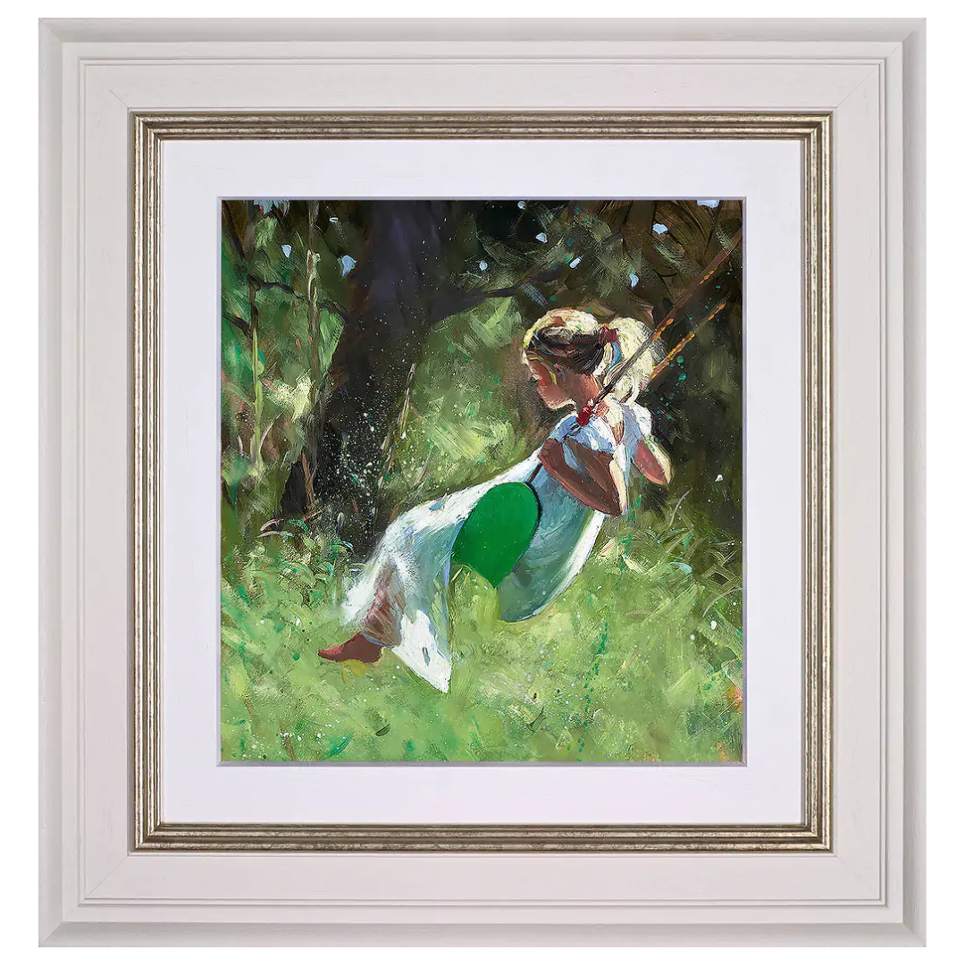 Framed hand-embellished canvas 'Carefree Summer's Day' by Sherree Valentine Daines, showing a young girl on a garden swing.
