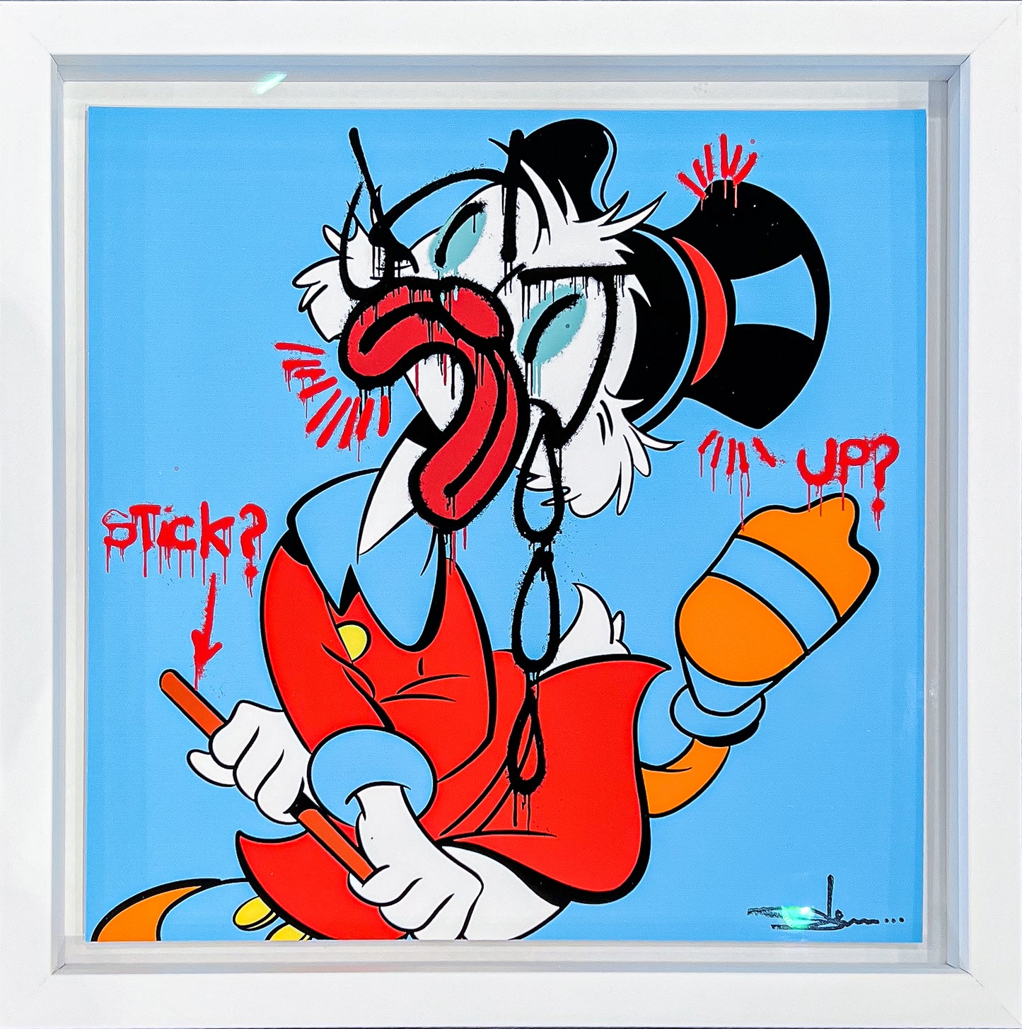 Limited edition signed giclée print "Scrooge Mchitta" by Slawn and Opake, featuring a satirical take on Scrooge McDuck with vibrant blue spray paint textures and urban graffiti elements, professionally framed.