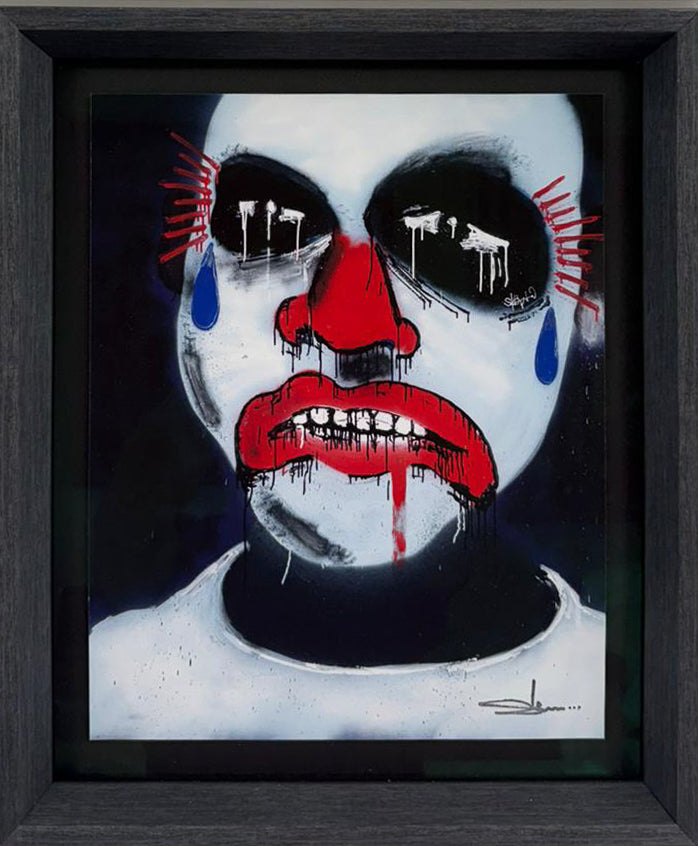 Slawn's Skeptasbtv, a white clown face with black eyes and a dripping red mouth