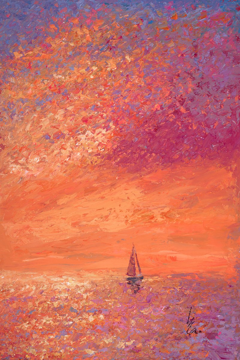Inam Sunrise Sailing original coastal painting, dawn light on water, Creed Gallery Ascot, Berkshire.