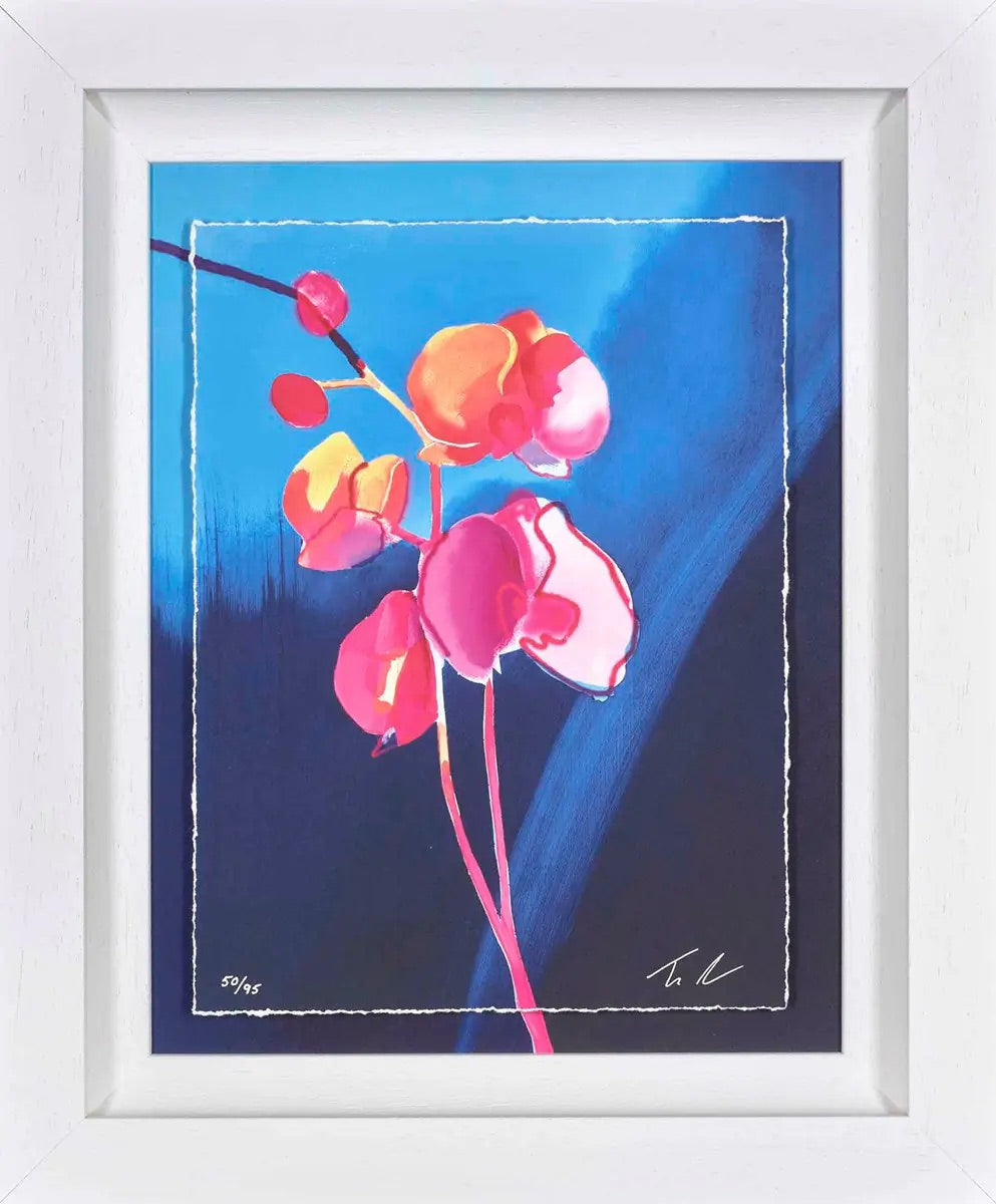 Framed limited edition artwork 'Ethereal' by artist Tim Fowler, featuring a deconstructed portrait with vibrant blue and black tones, hand-embellished and available at Creed Gallery Ascot.