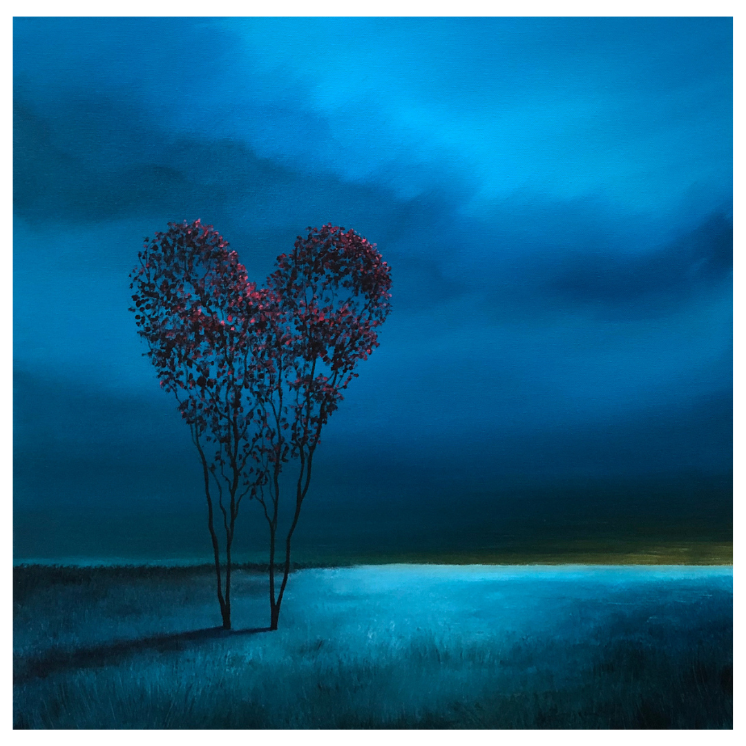A New Horizon by Vincent Devine, an original acrylic painting featuring heart-shaped trees in a white frame, available at Creed Gallery Ascot.