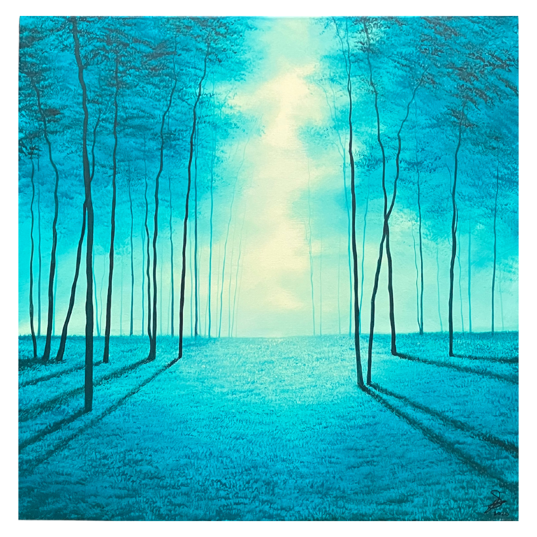 'Alight', an original surrealist acrylic landscape by Vincent Devine, featuring kissing trees under a bright blue sky, available at Creed Gallery Ascot.