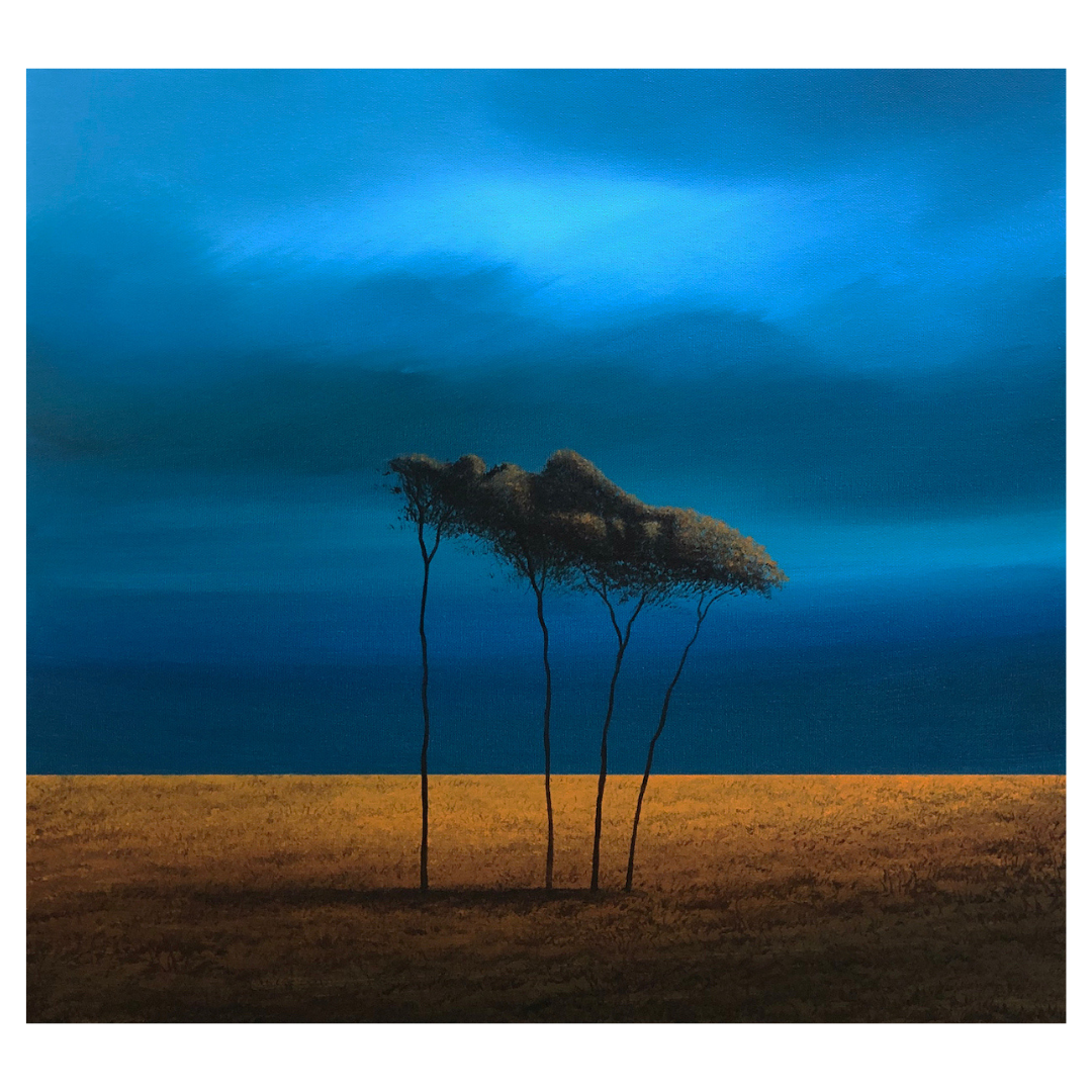 Chin Up, an original square acrylic painting by Vincent Devine, featuring gold tones and set in a white frame, available at Creed Gallery Ascot.