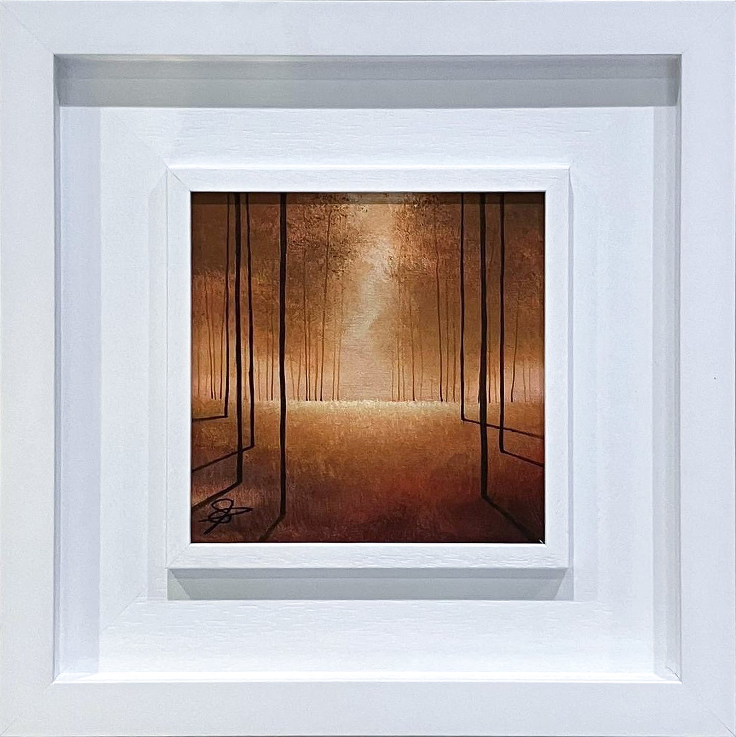 'Golden', an original abstract acrylic painting by Vincent Devine exploring subconscious Neo-Dimensionism, white frame, available at Creed Gallery Ascot.