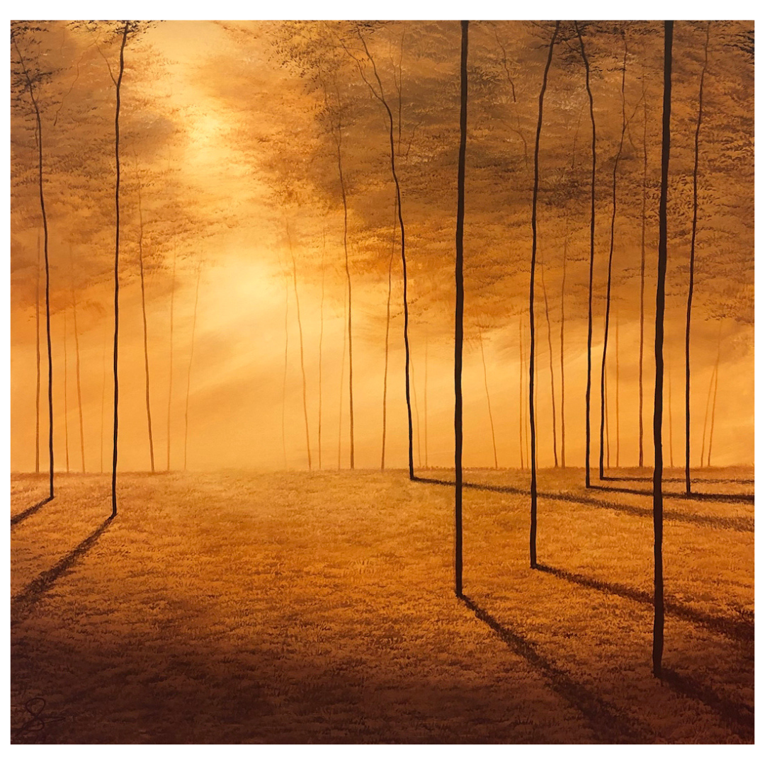 Golden by Vincent Devine, an original square acrylic on canvas painting in a white frame, available at Creed Gallery Ascot.