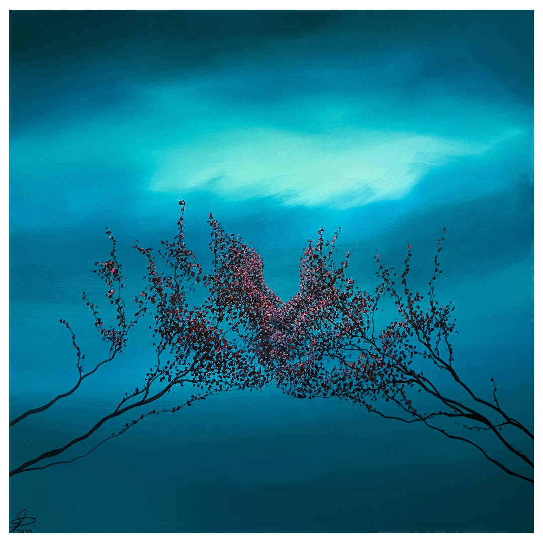 L'Amour by Vincent Devine, an original square acrylic on canvas painting in a white frame, available at Creed Gallery Ascot.