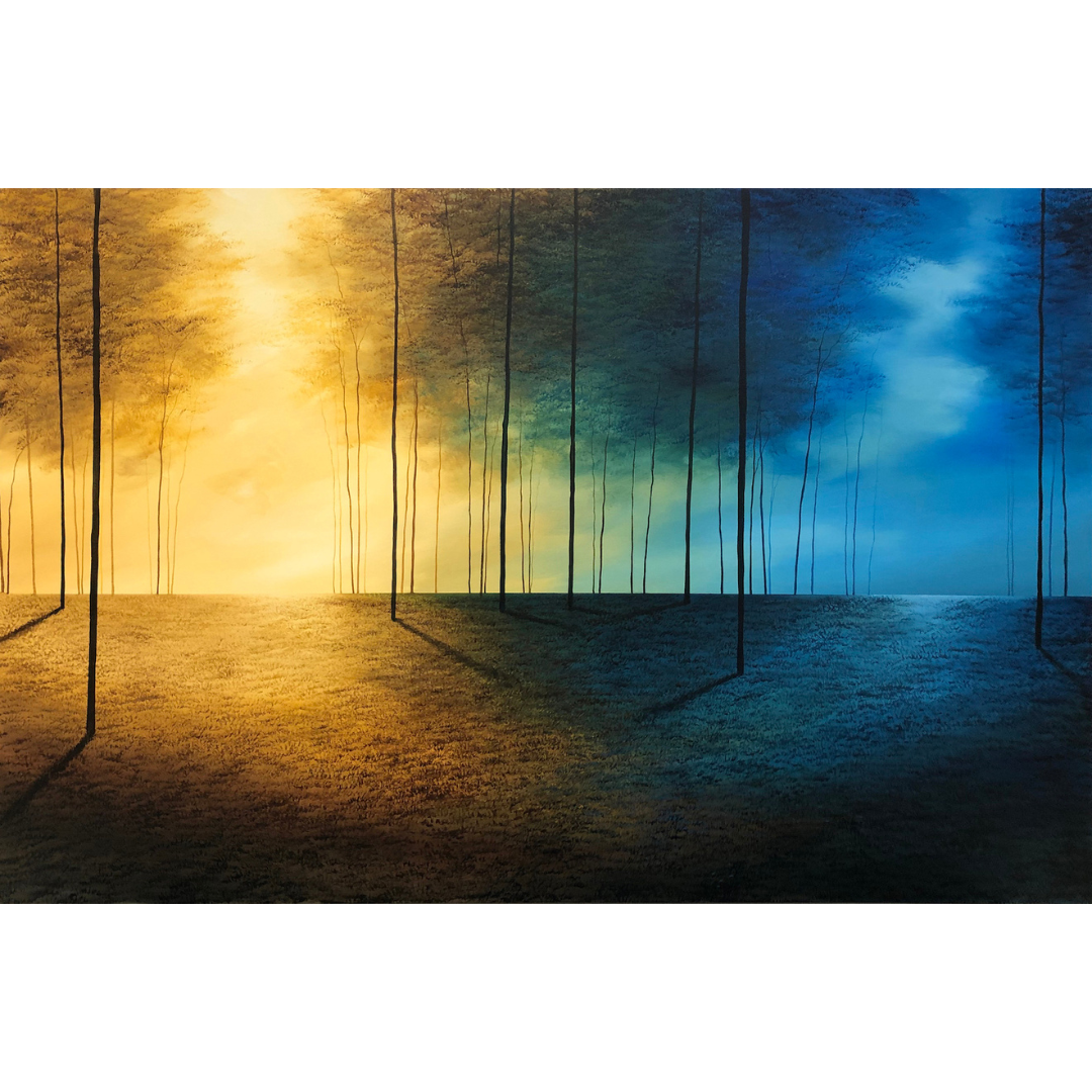 Mergence by Vincent Devine, an original square acrylic painting on canvas in a white frame, available at Creed Gallery Ascot.