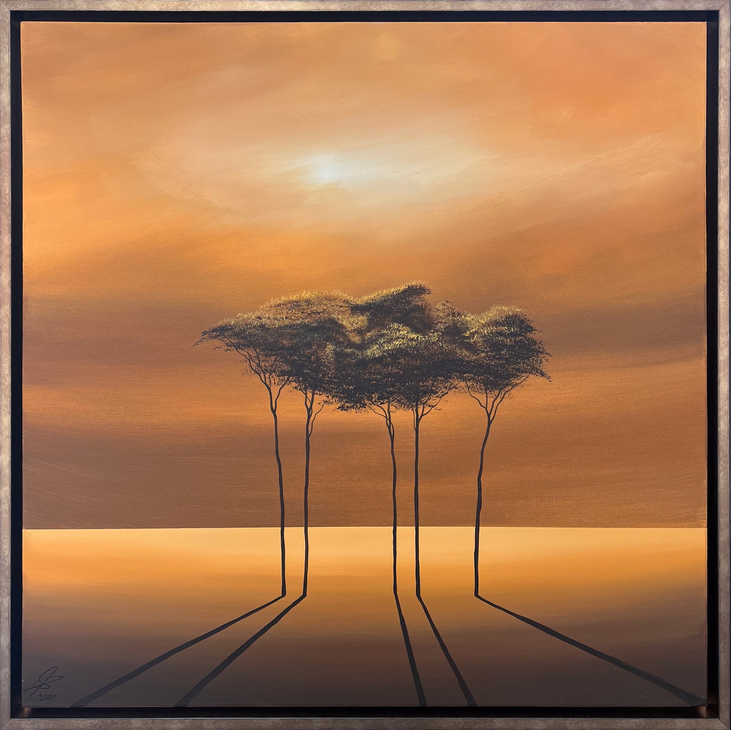 Original acrylic painting 'Midas' by Vincent Devine, depicting kissing trees against a vibrant sunset sky, in a gold tray frame at Creed Gallery Ascot.
