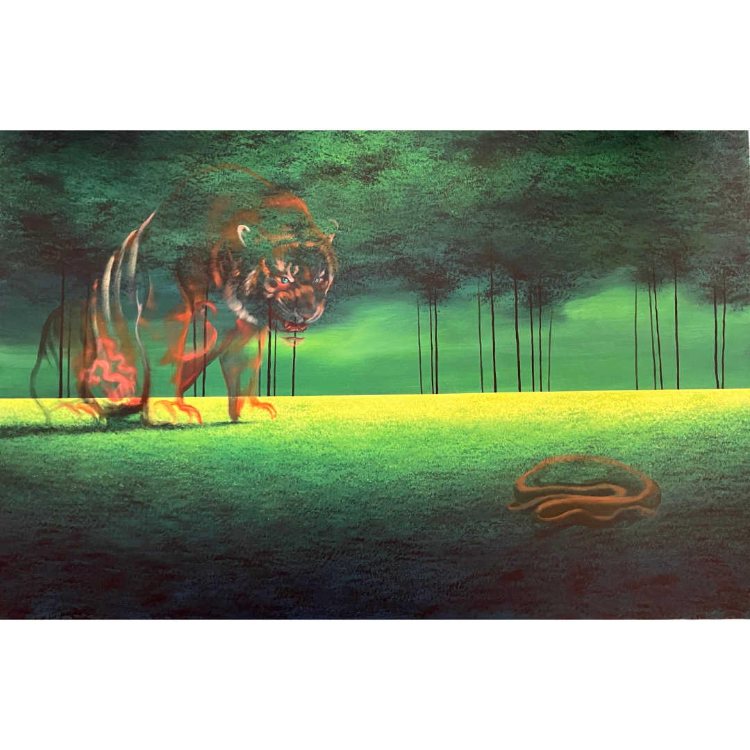 'The Defender', a large-scale original acrylic painting of a tiger by Vincent Devine, exploring themes of nature and anatomical surrealism at Creed Gallery Ascot.