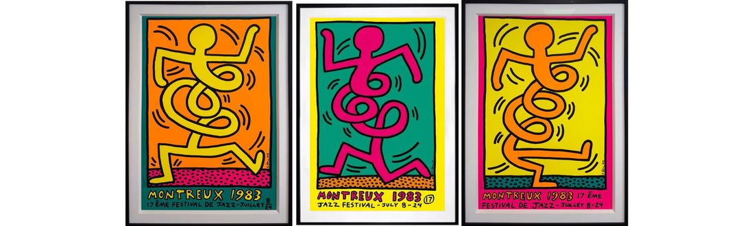 Keith Haring "Art is for everyone" gallery banner featuring original Montreux Jazz Festival 1983 posters at Creed Gallery Ascot.