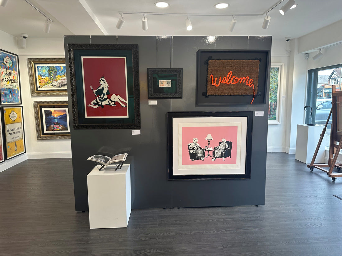 Banksy Queen Vic (2003), Grannies (2006), and Di-Faced Tenner on display at Creed Gallery, Ascot, Berkshire