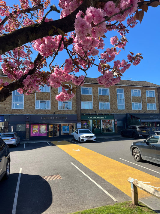 Exterior view of Creed Gallery Ascot in Berkshire framed by pink cherry blossoms under a clear blue sky, located near Surrey and London.