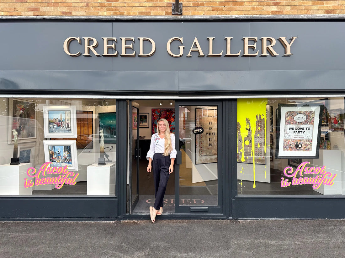 Ascot is beautiful — Helena outside Creed Gallery storefront, Ascot, Berkshire