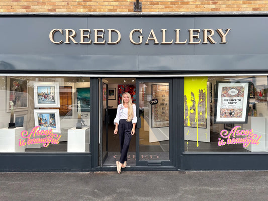 Ascot is beautiful — Helena outside Creed Gallery storefront, Ascot, Berkshire