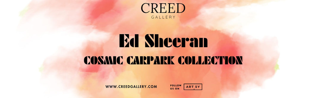 Promotional banner for the Ed Sheeran Cosmic Carpark Collection at Creed Gallery, featuring abstract orange and pink watercolor textures with a call to action to follow on Artsy.