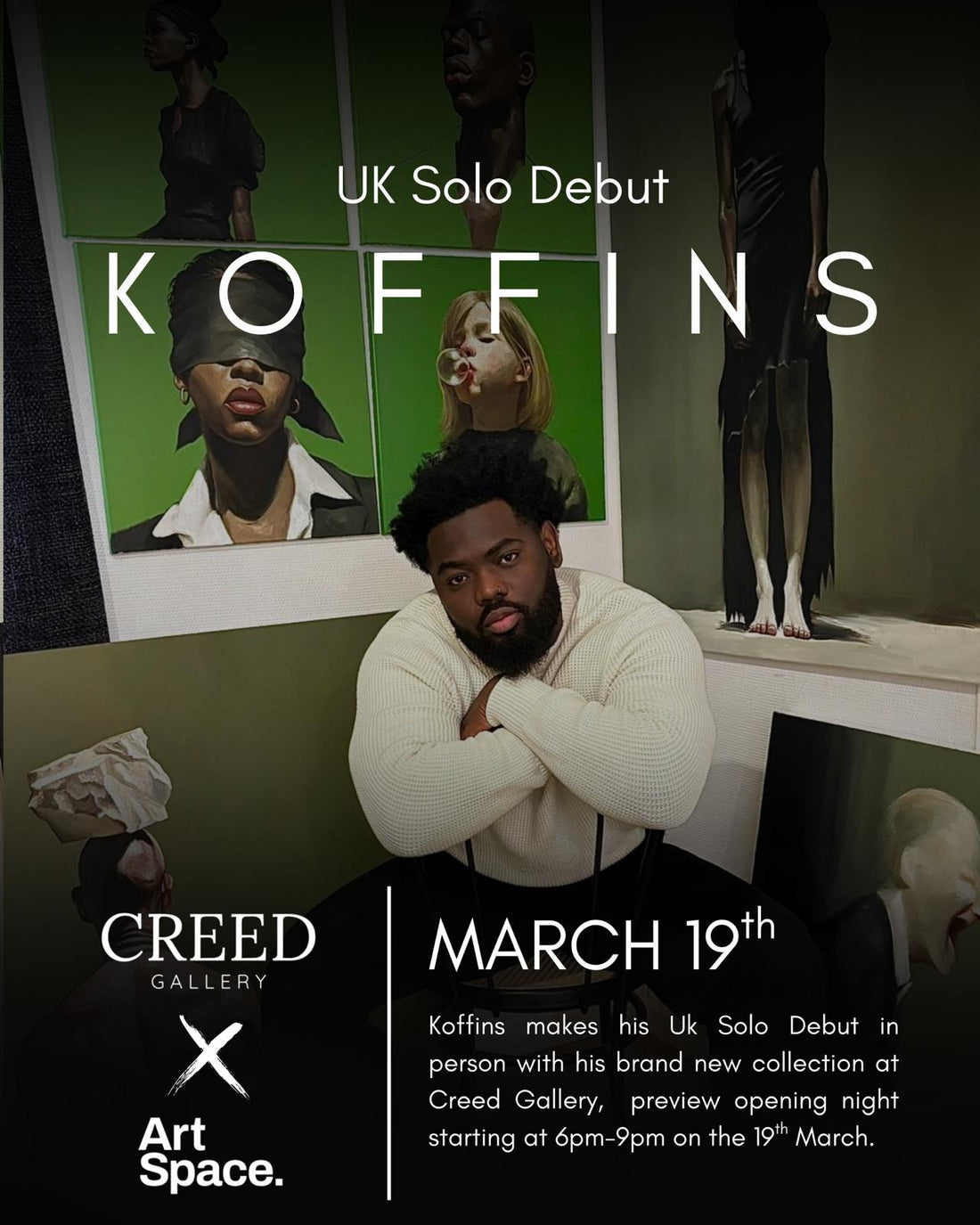 Artist Koffins in his studio for 'Holding the Sky' UK debut at Creed Gallery, surrounded by figurative paintings on green backgrounds.