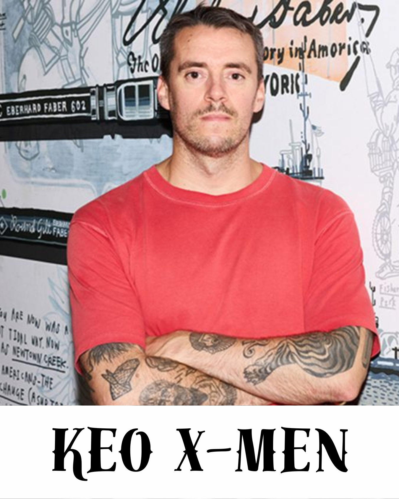 Keo X-Men photographed in front of large-scale text and typography artwork, arms crossed