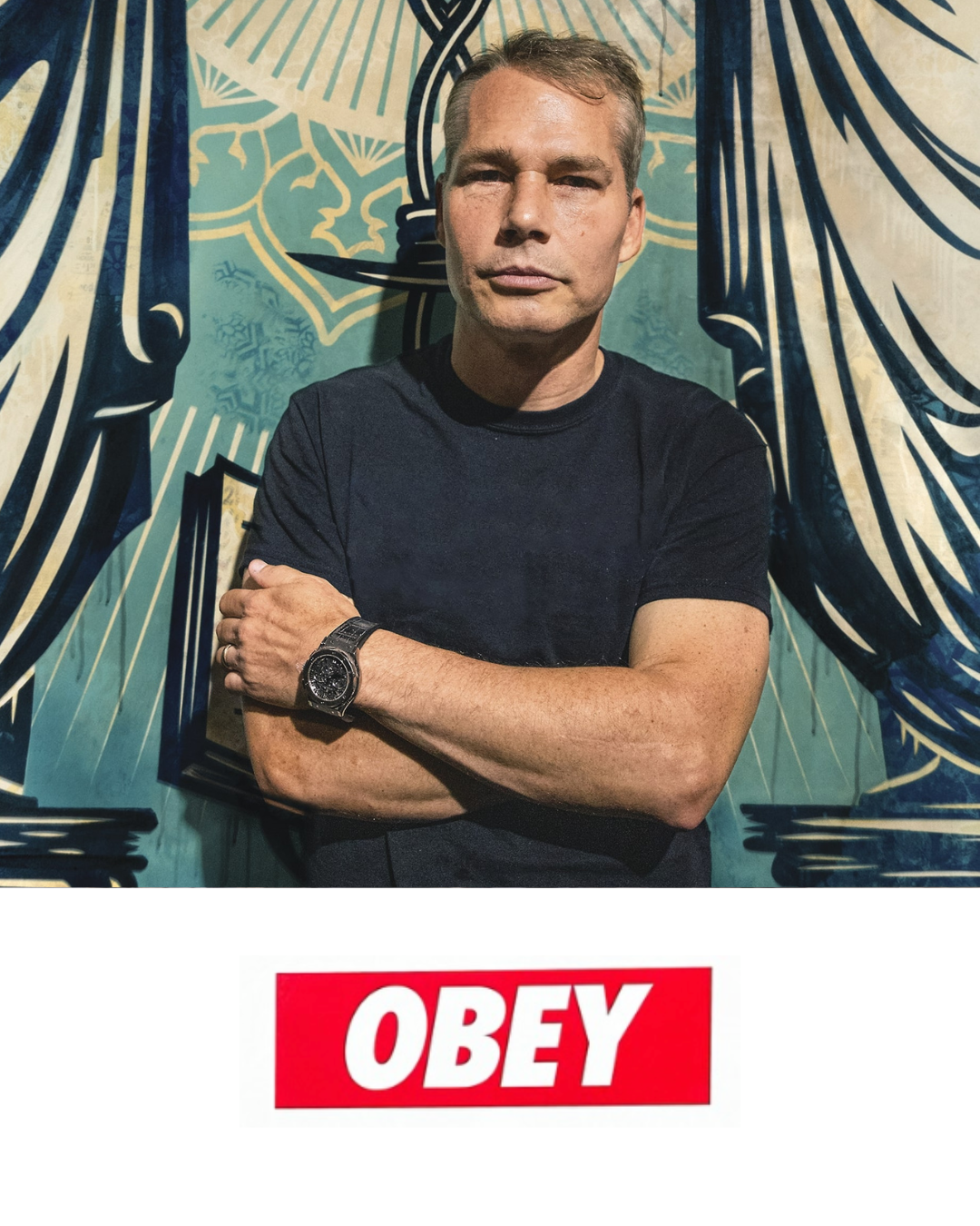 Shepard Fairey (OBEY) original street art portrait featuring his iconic Andre the Giant star logo and red-black propaganda aesthetic, available at Creed Gallery in Ascot.