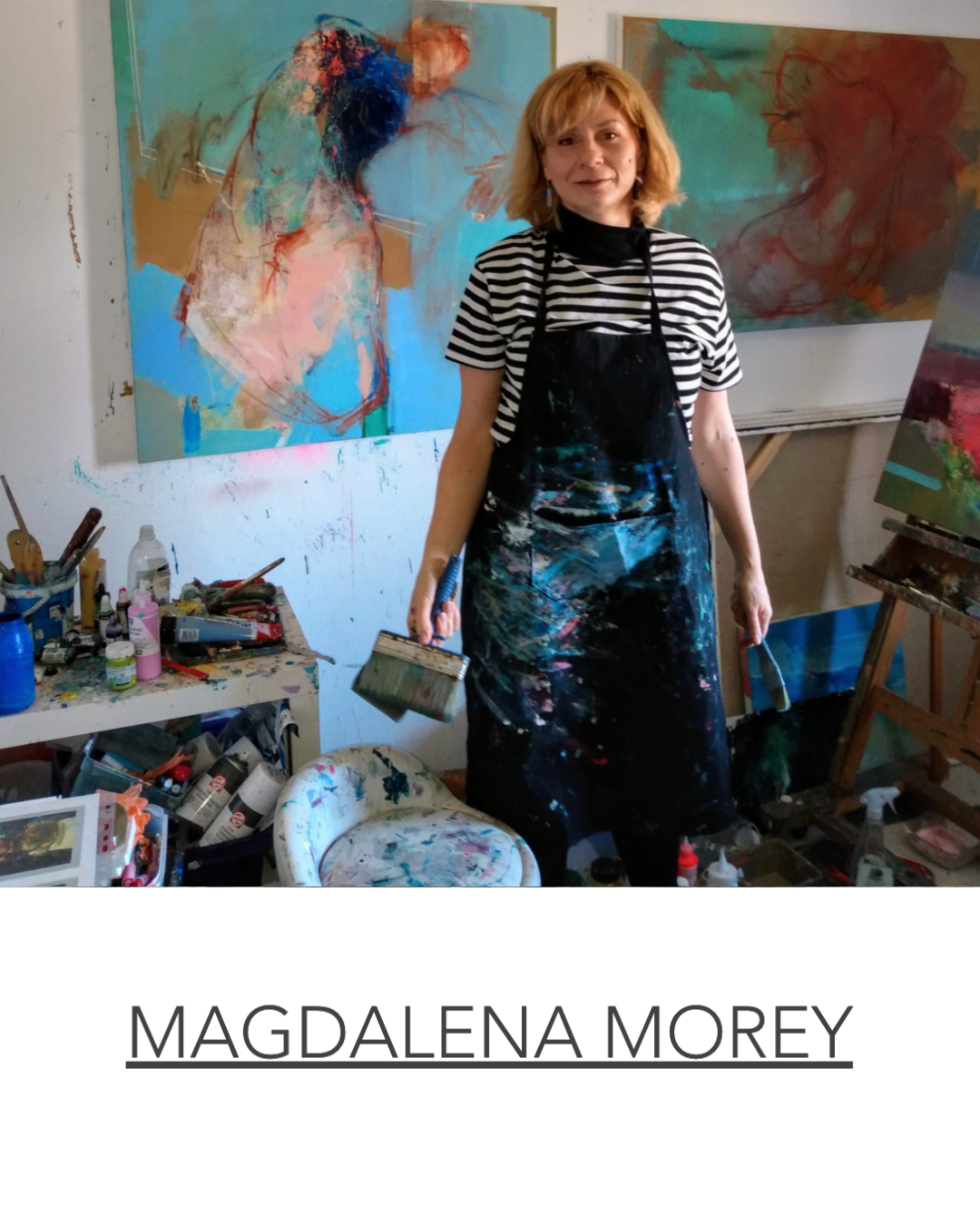 Magdalena Morey in her studio. Collectors interested in Magdalena Morey artworks can view available pieces at Creed Gallery Ascot, serving Berkshire, Sunningdale, Wentworth and the surrounding areas.