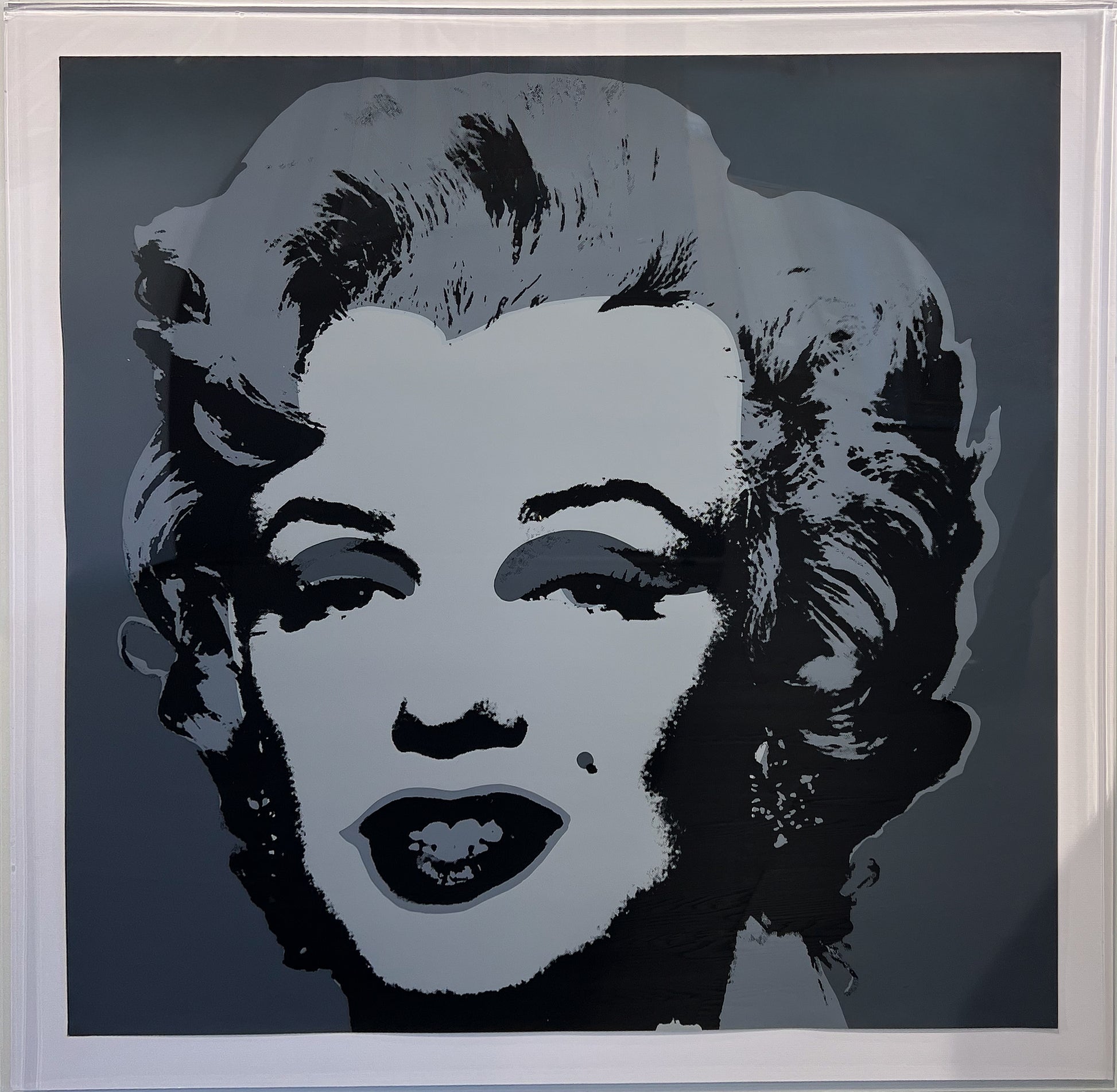Sunday B. Morning screenprint of Marilyn Monroe in silver and charcoal grey, expertly framed and available at Creed Gallery Ascot.