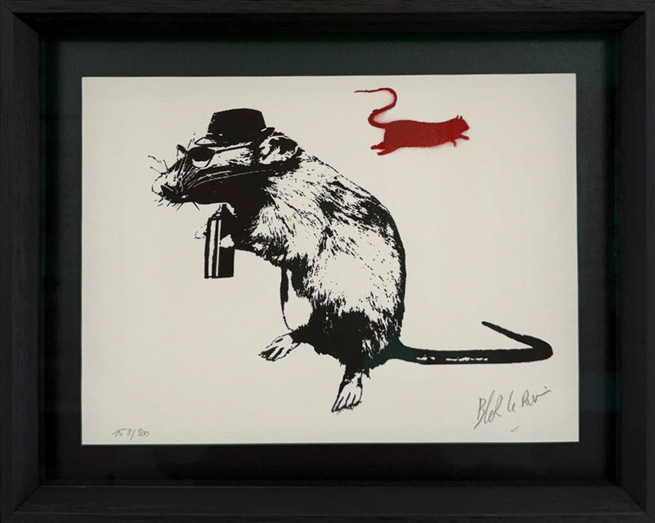 Blek le Rat screenprint Paraphernalia: a rat in a flat cap and sunglasses holding a spray can, a red rat fleeing behind