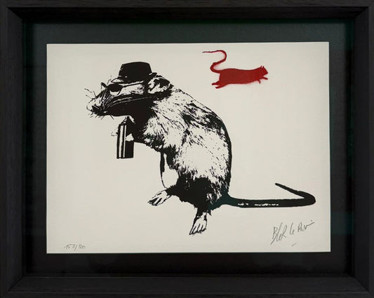 Blek le Rat screenprint Paraphernalia: a rat in a flat cap and sunglasses holding a spray can, a red rat fleeing behind