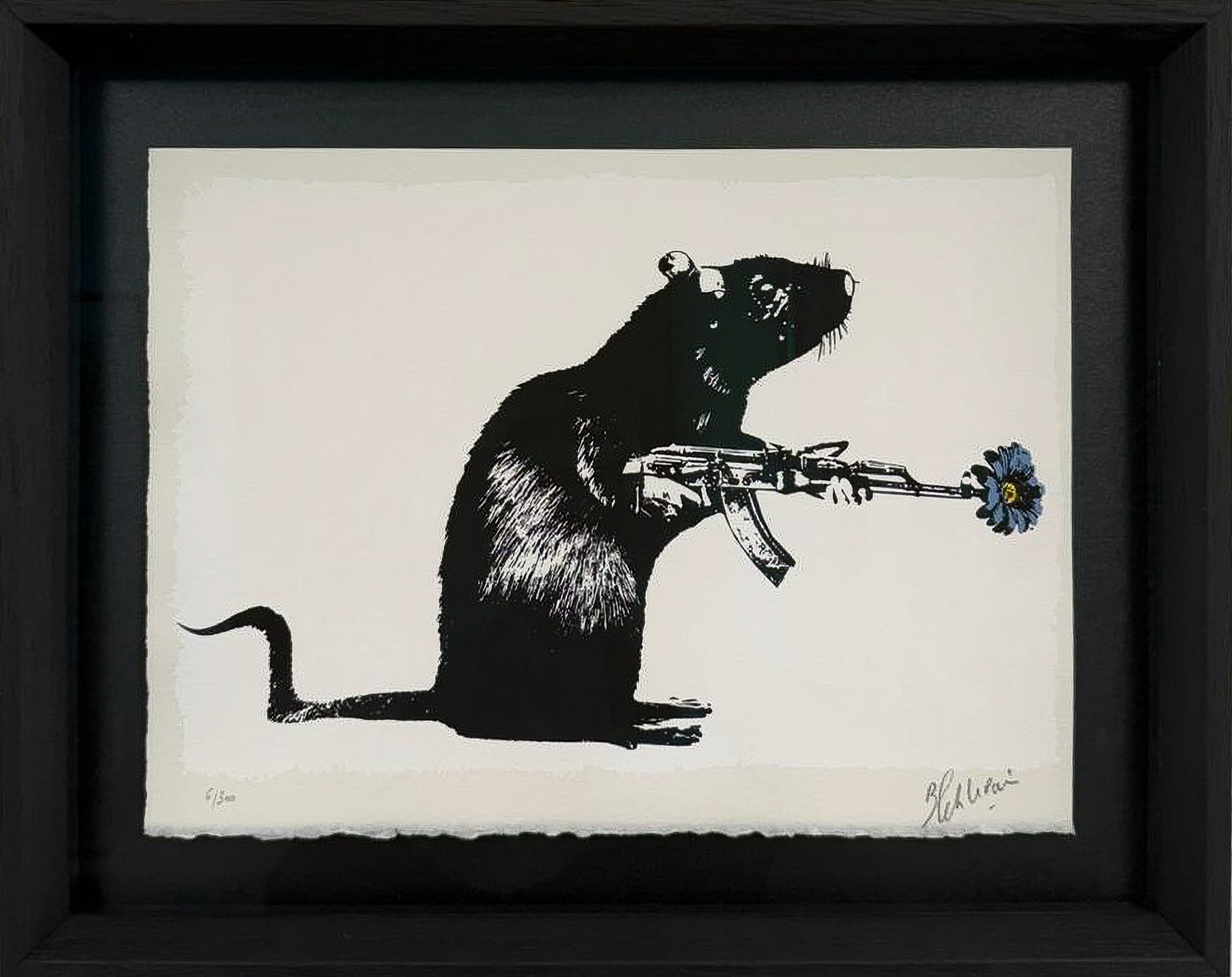 Blek le Rat screenprint The Warrior: a stencilled rat holding a rifle with a blue flower in the barrel