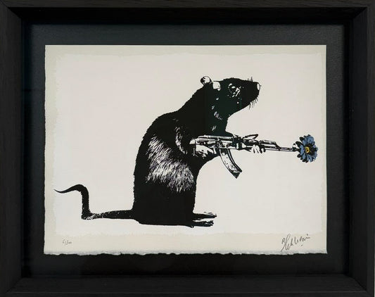 Blek le Rat screenprint The Warrior: a stencilled rat holding a rifle with a blue flower in the barrel