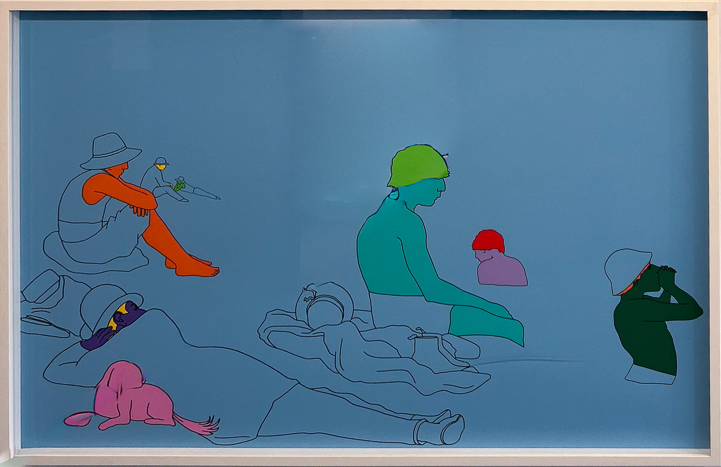 Sir Michael Craig-Martin's Deconstructing Seurat (Blue) II, 2004, a flat graphic screenprint of beach bathers in bold blue, teal, orange and green