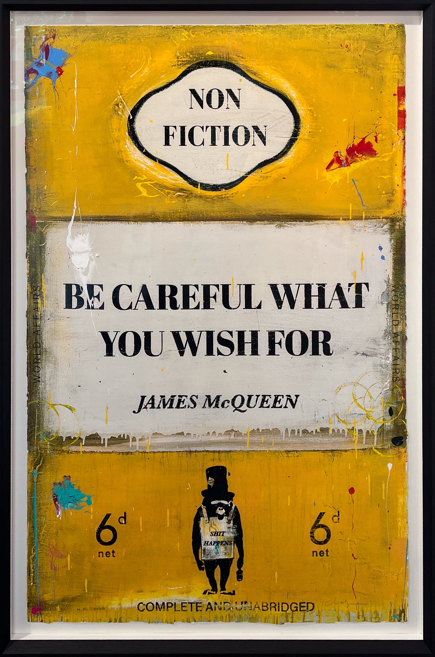 Yellow book cover print reading 'Be Careful What You Wish For' by James McQueen, with an ape holding a 'Shit Happens' placard