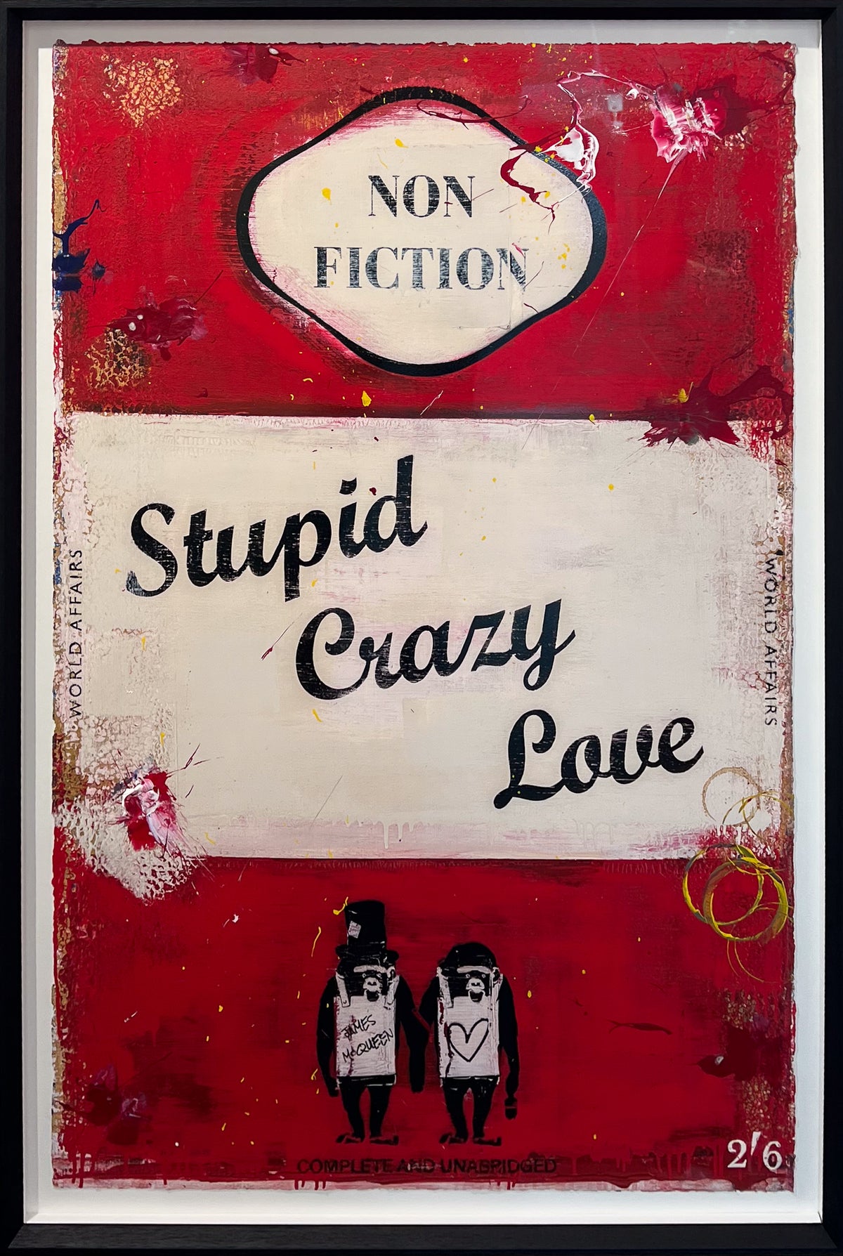 Red book cover print reading 'Stupid Crazy Love' by James McQueen, with a top-hatted ape couple walking together