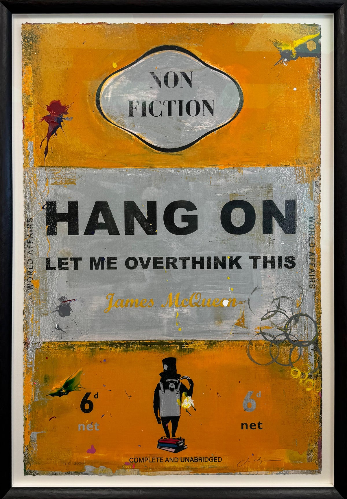 Orange and silver book cover print 'Hang On, Let Me Overthink This' by James McQueen, with a top-hatted ape standing on a stack of books