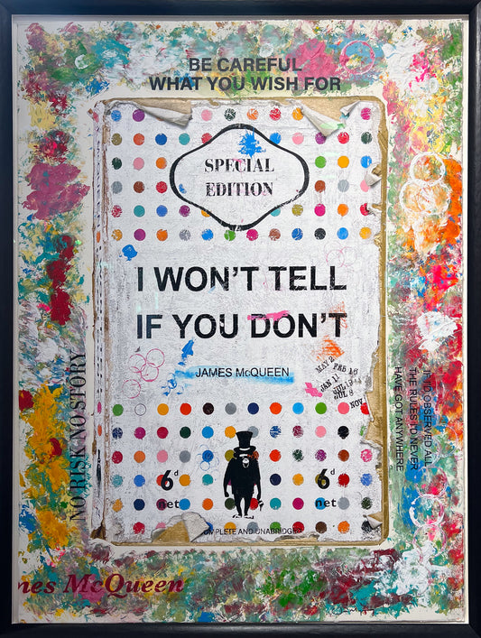 Multicoloured spotted book cover print reading 'I Won't Tell If You Don't' by James McQueen, with a mock library due-date stamp