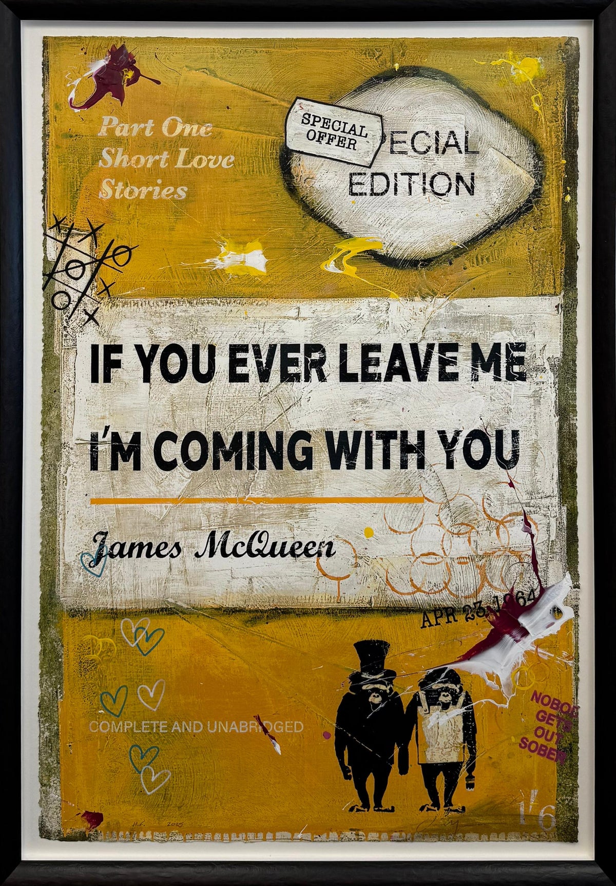 Mustard-yellow book cover print reading 'If You Ever Leave Me, I'm Coming With You' by James McQueen, with two top-hatted ape figures below