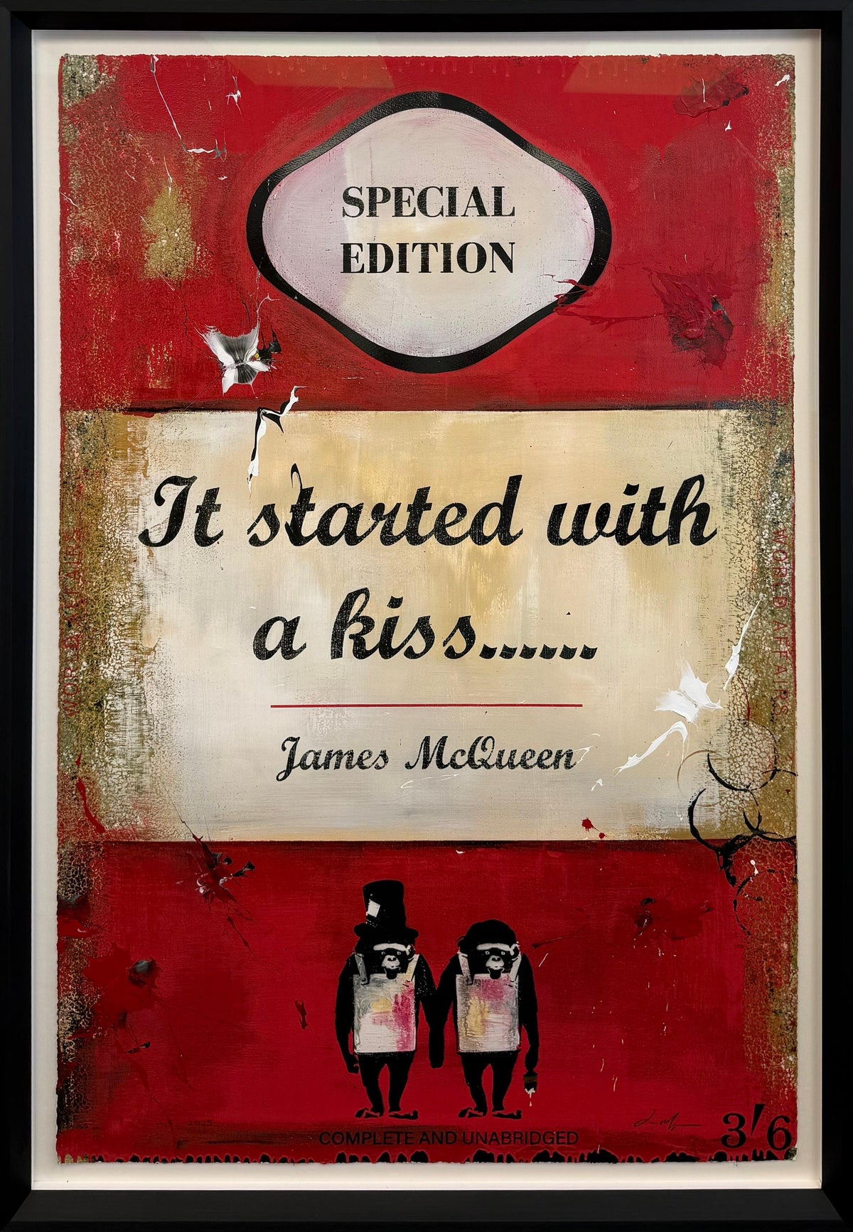 Red book cover artwork reading 'It Started With A Kiss......' by James McQueen, numbered 3/6, with a top-hatted ape couple