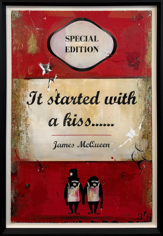 Red book cover artwork reading 'It Started With A Kiss......' by James McQueen, numbered 3/6, with a top-hatted ape couple