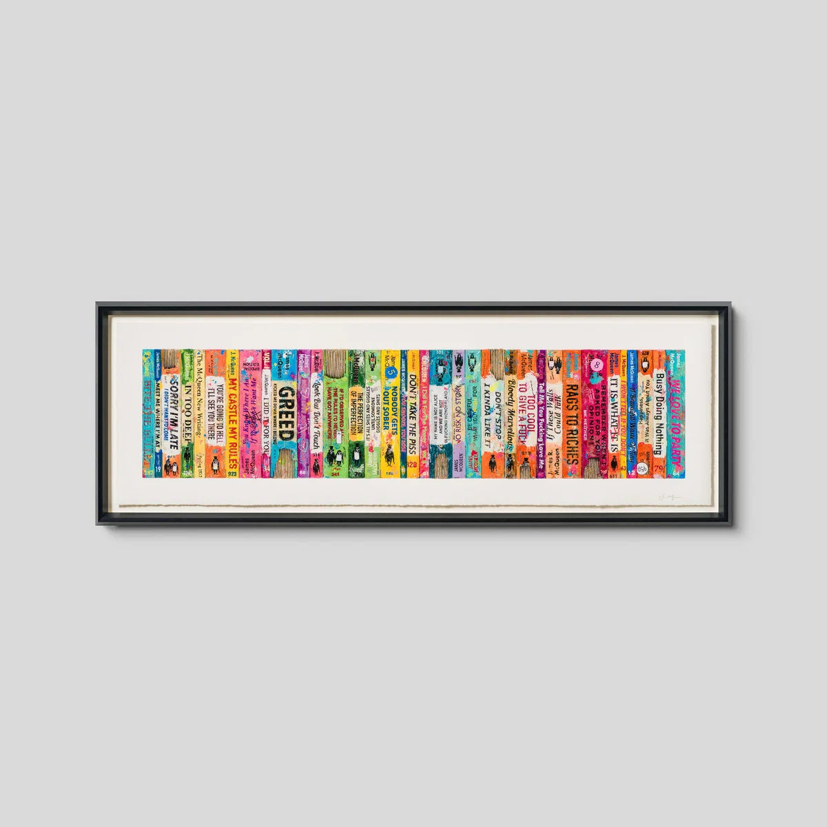 Colourful bookshelf collage of invented book spines by James McQueen, titled 'My Life In Stories'