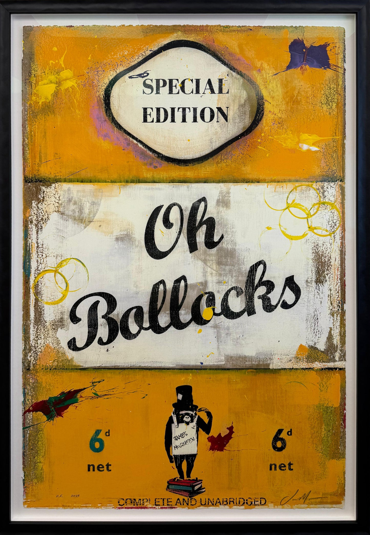 Mustard-orange silkscreen print reading 'Oh Bollocks' by James McQueen, with a top-hatted ape standing on a stack of books