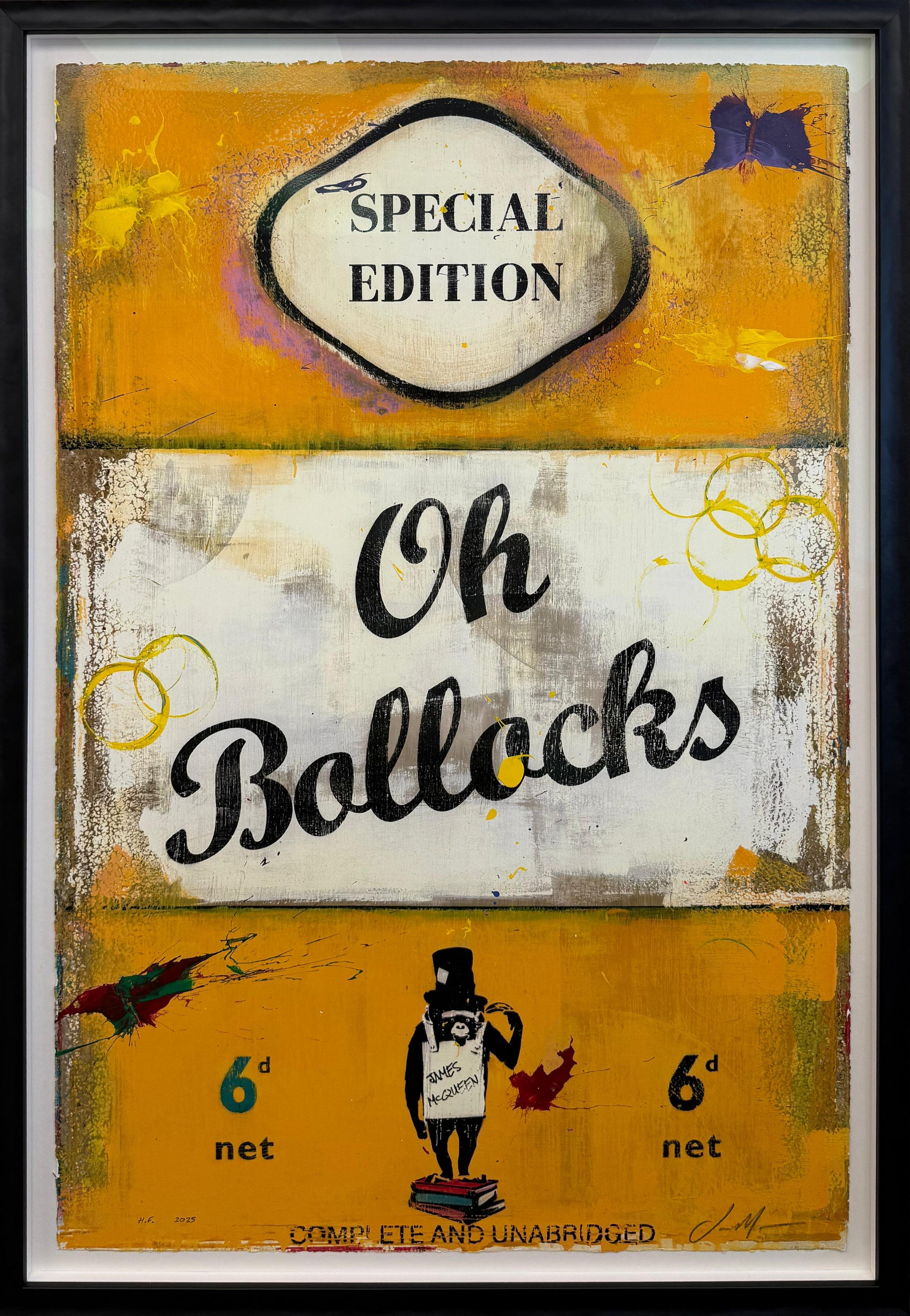 Mustard-orange silkscreen print reading 'Oh Bollocks' by James McQueen, with a top-hatted ape standing on a stack of books