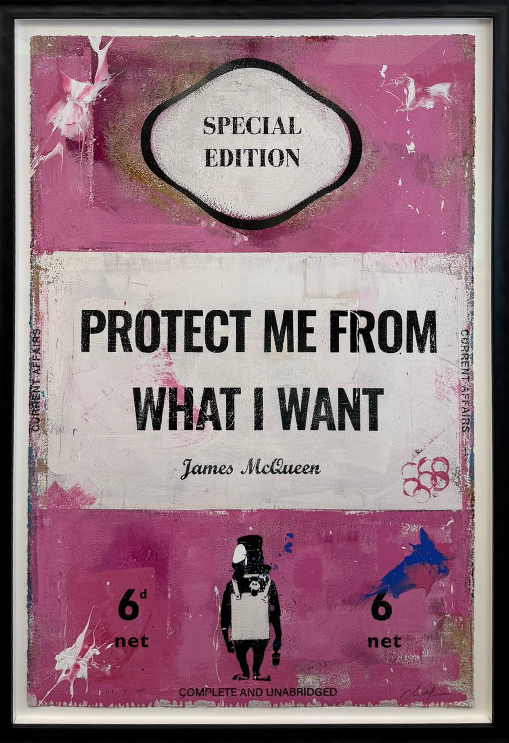 Magenta book cover print reading 'Protect Me From What I Want' by James McQueen, with a lone top-hatted ape figure