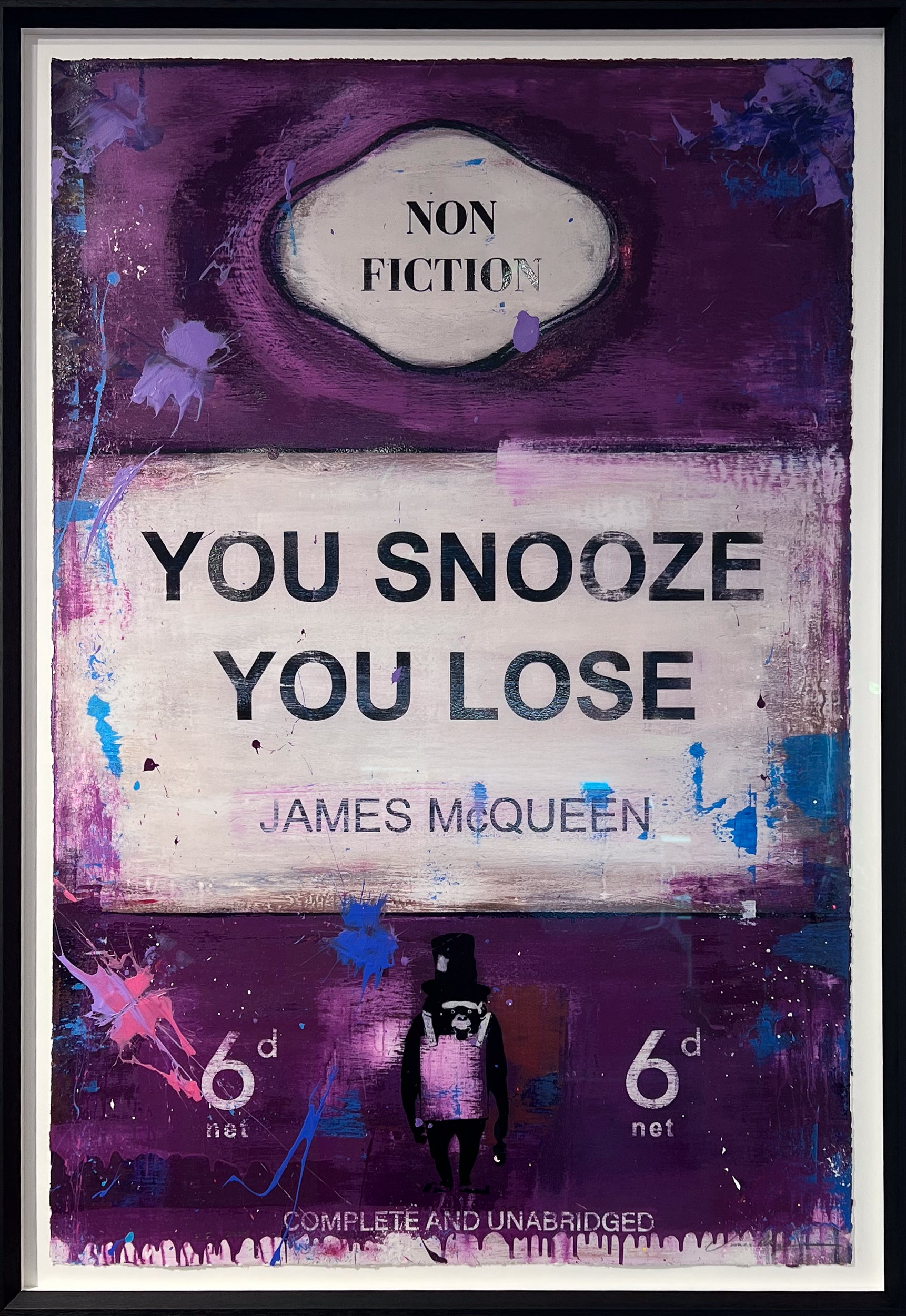 Deep purple book cover print reading 'You Snooze You Lose' by James McQueen, with a top-hatted ape figure