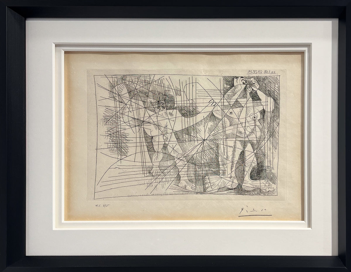 Picasso etching of two entwined nude figures in dense cross-hatched line, signed and dated in the plate, 347 Series